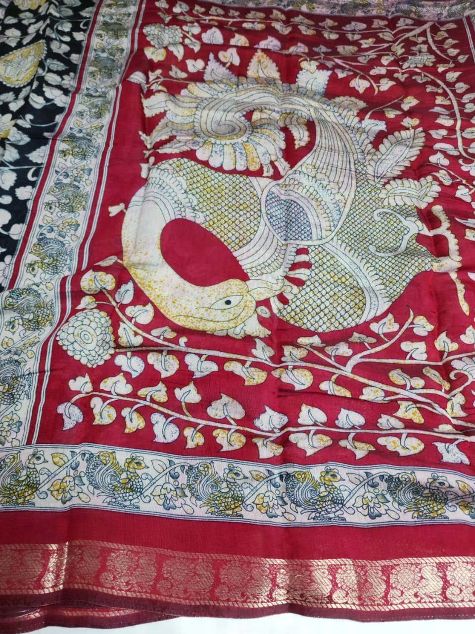 Midnight Blue & Ivory Kalamkari Cotton Saree with Red Zari Border