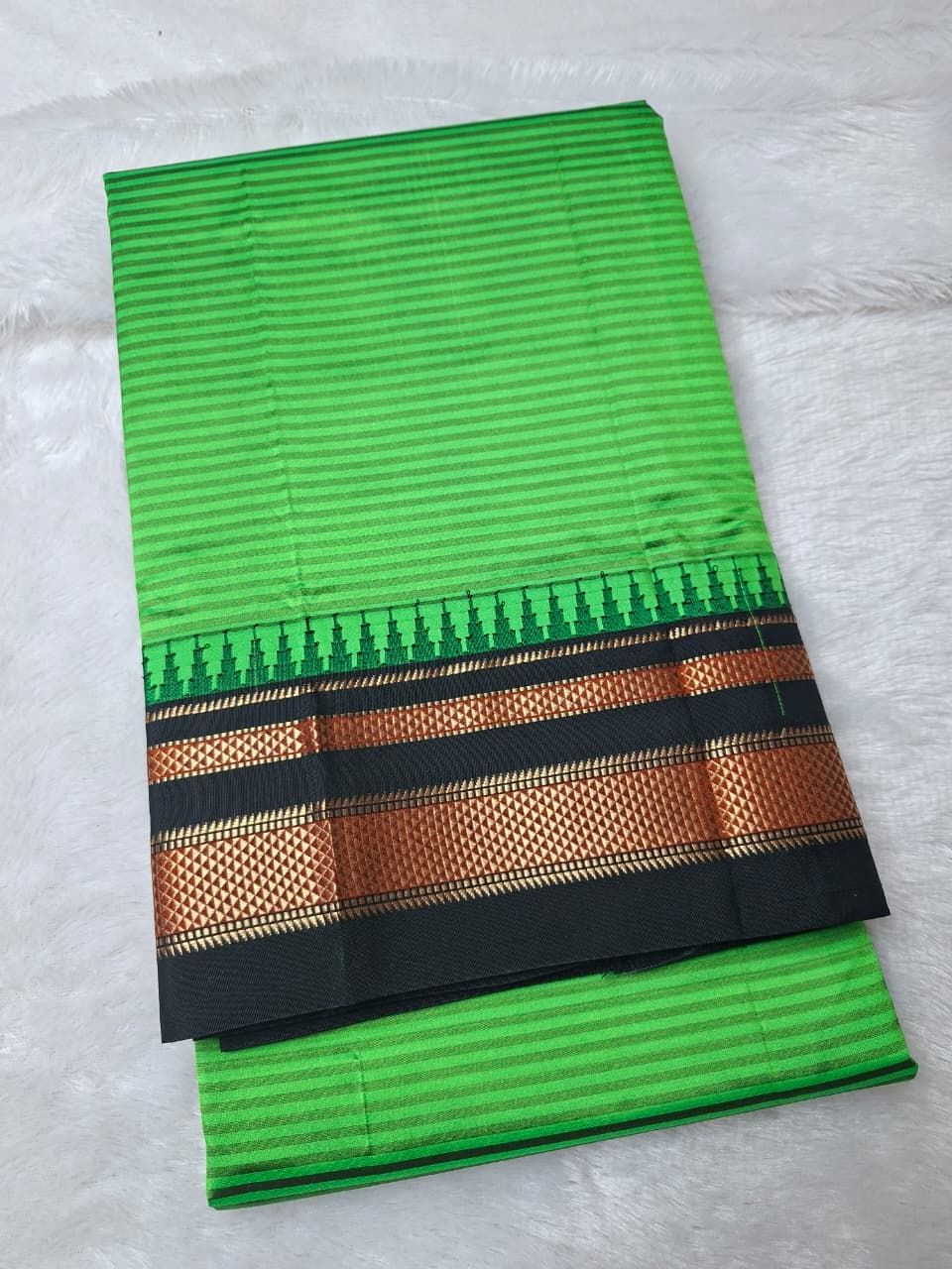 Green Gadwal Pure Ilkal Silk Saree with Rapid Stripes