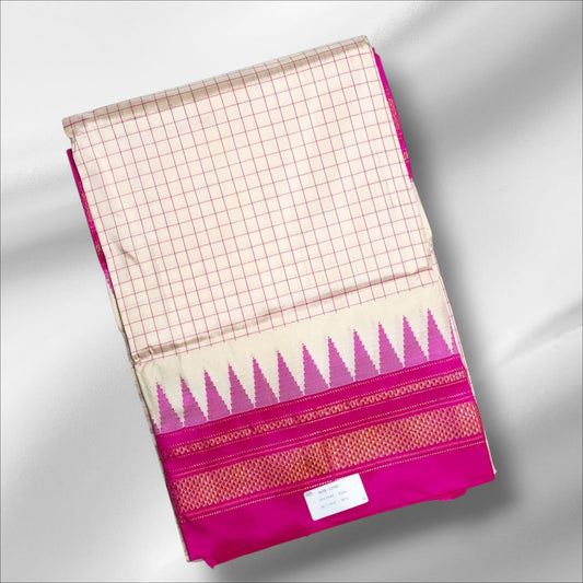 Cream with pink checks Ilkal Cotton Silk Saree