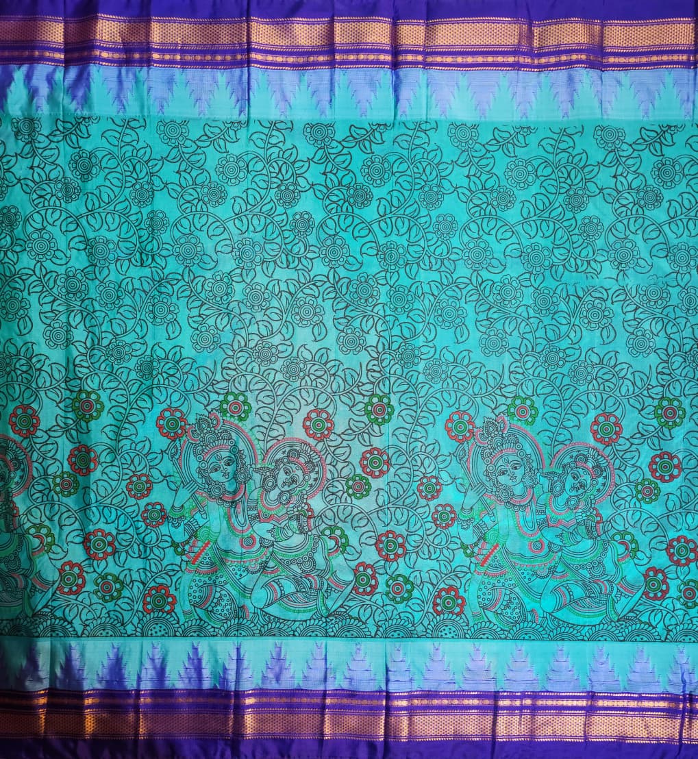 Blue Ilkal–Kalamkari floral print Fusion Saree