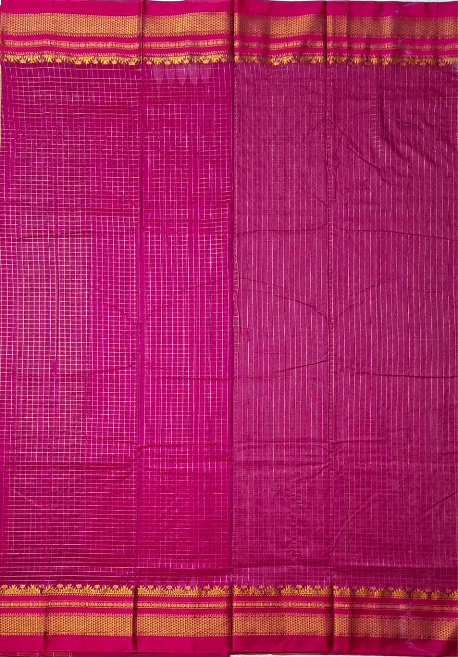 Warm Beige Mini Checks Ilkal Meera Saree with Rani Pink Zari Border