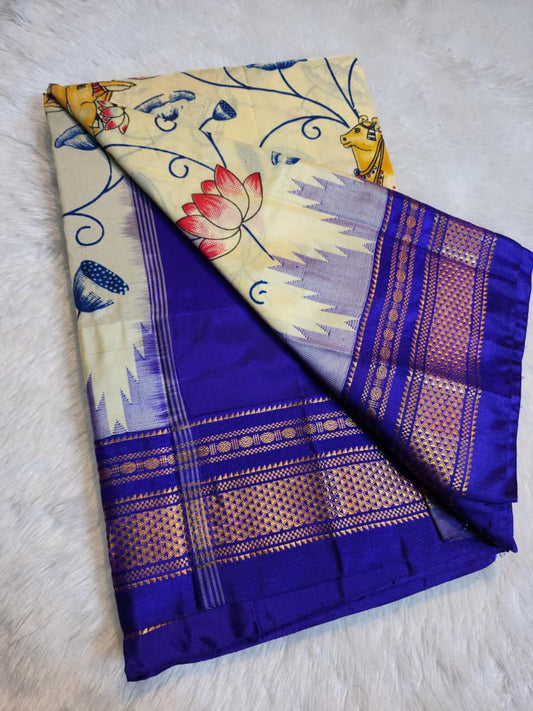 Soft Cream Ilkal–Kalamkari Floral print Fusion Saree