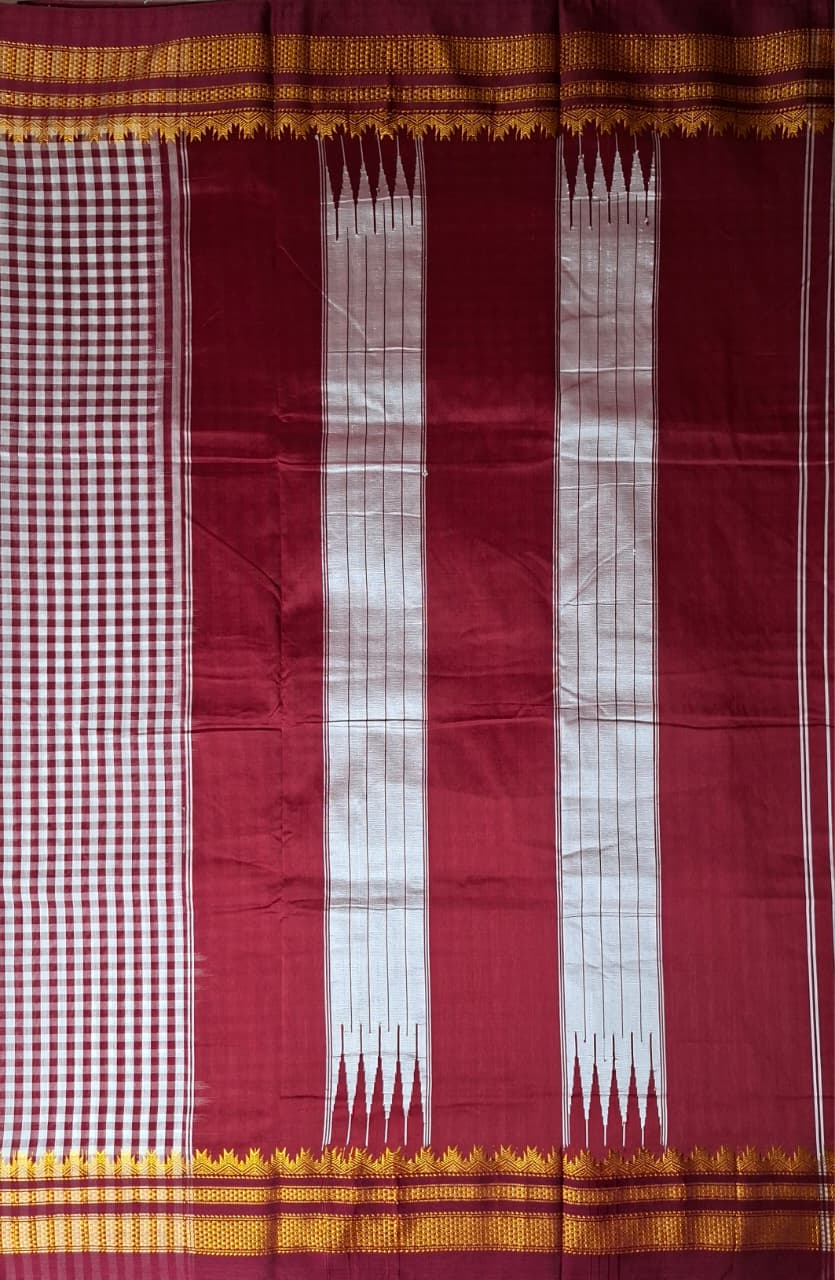 Maroon & White Ilkal Mini Checks Saree