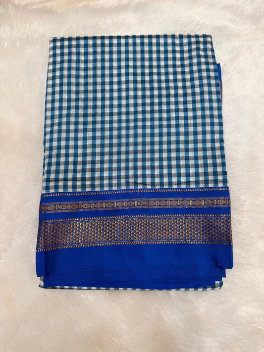 Premium Sky Blue &  White Ilkal Mini Checks Saree with Gadwal border