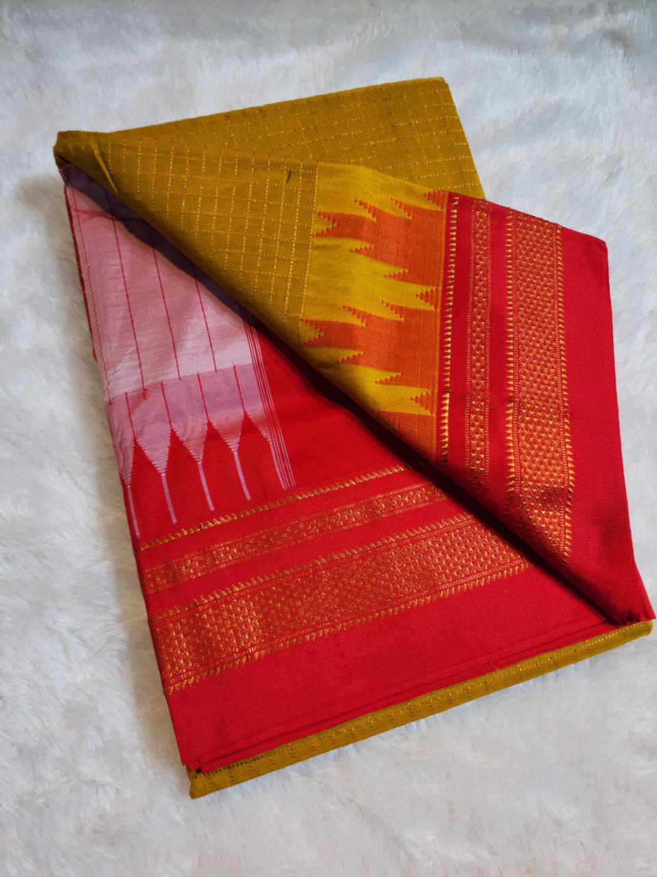 Mustard-Yellow Gadwal Chaduranga Ilkal Cotton Saree with Contrast Zari Border & Pallu