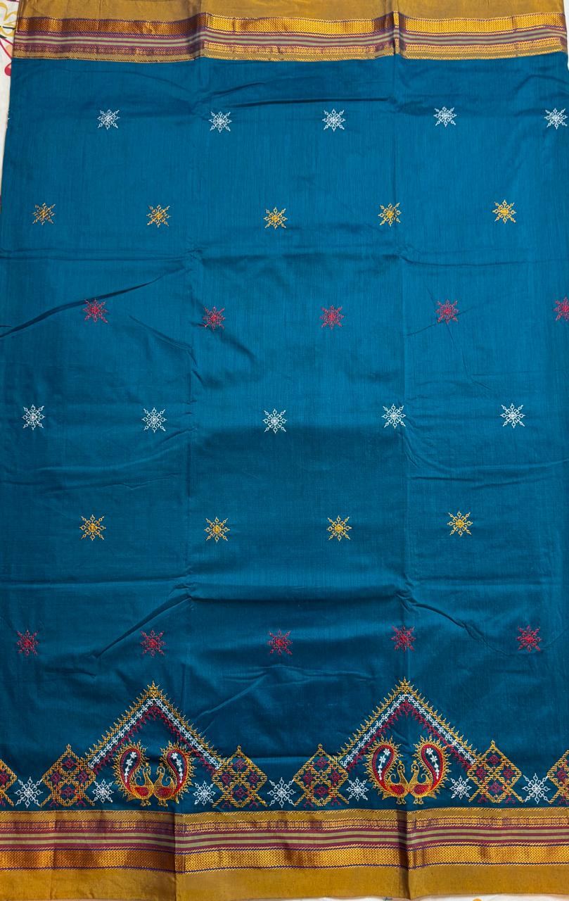Aqua blue kasuti saree with peacock motifs