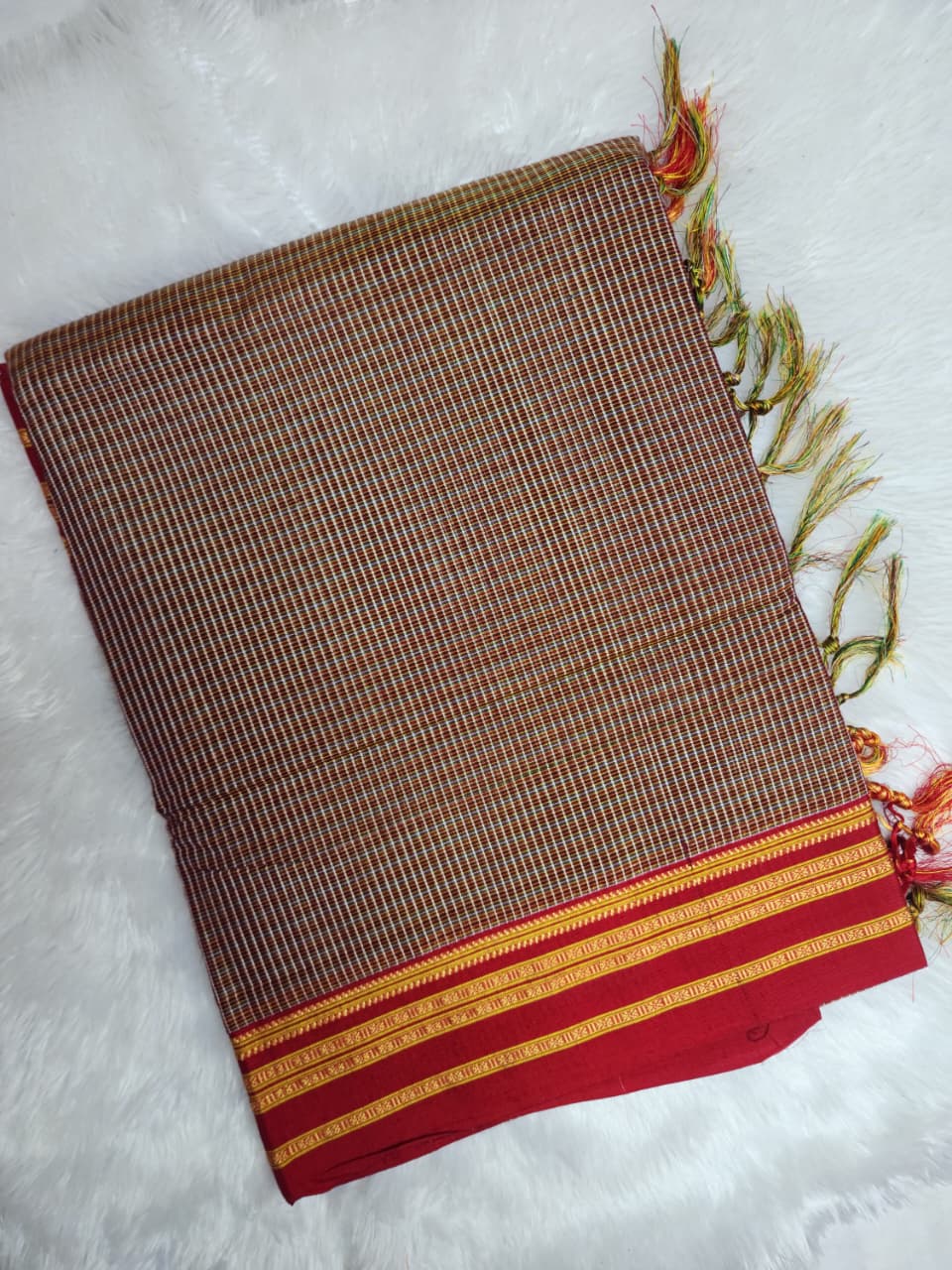 Brown base multicolored Checkered Ilkal Cotton Saree