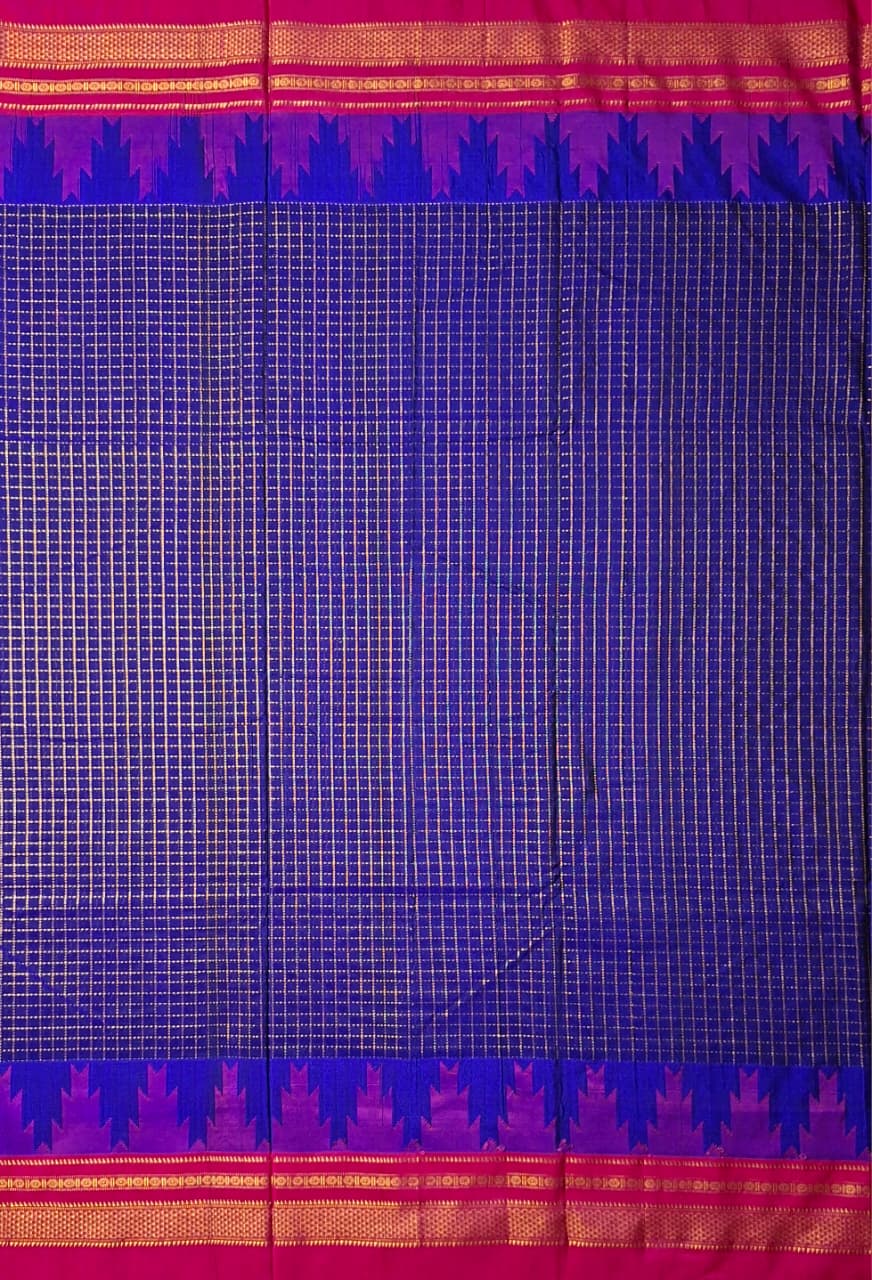Royal Blue Gadwal Chaduranga Ilkal Cotton Saree with Contrast Zari Border & Pallu