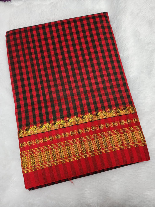 Red and Black Ilkal mini Checks Saree with Rich Pallu
