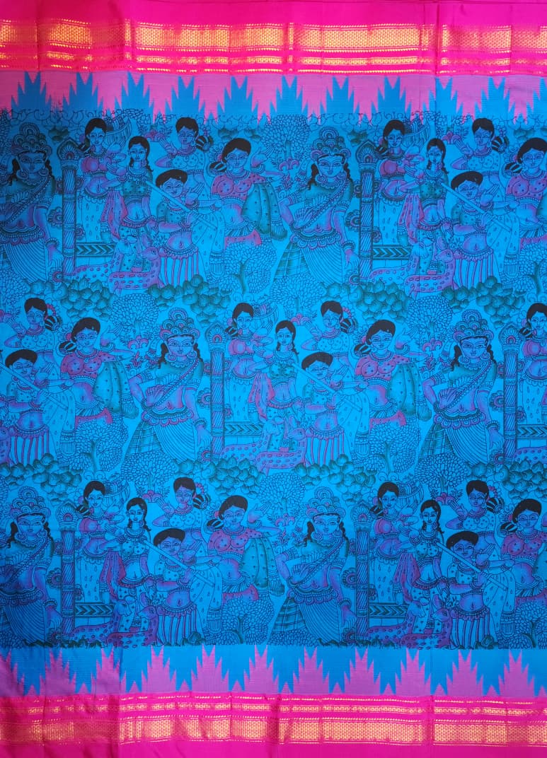 Blue Kalamkari Cotton Saree with Pink Ilkal-Inspired Border