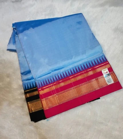 Blue-ganga jamuna  Gadwal Ilkal Pure Silk Saree with small temple borer