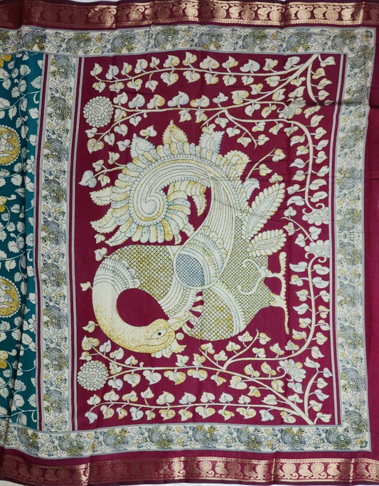 Teal Green & Ivory Kalamkari Cotton Saree with Maroon Zari Border