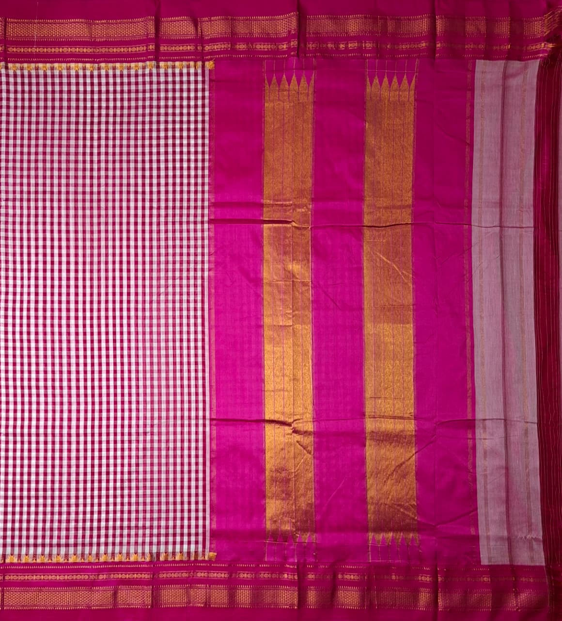 Pink & White Ilkal mini Checks Saree with Rich Pallu
