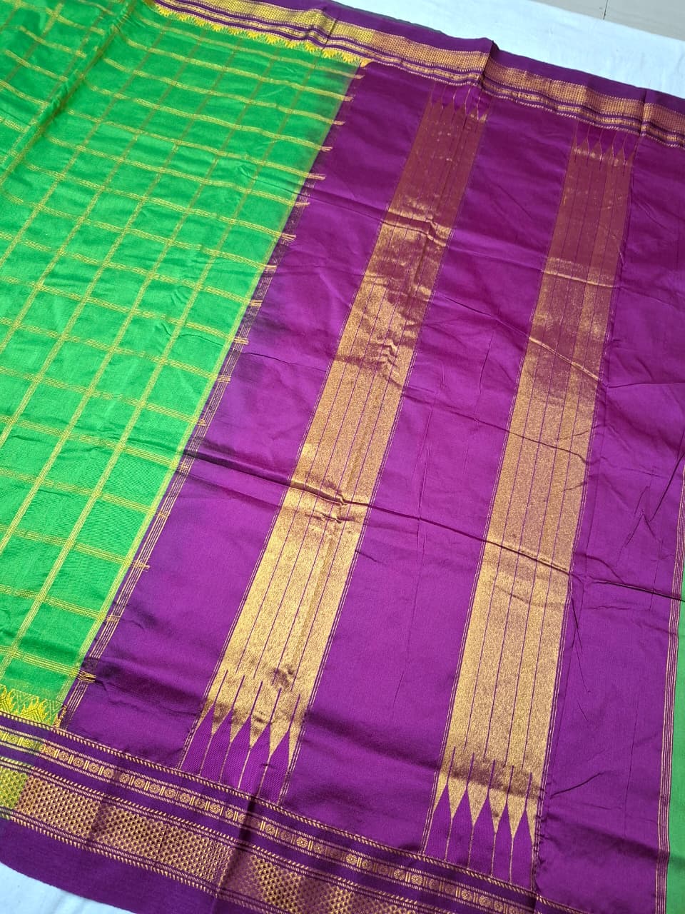 Parrot Green & Purple  Big Jari Checks Ilkal Saree