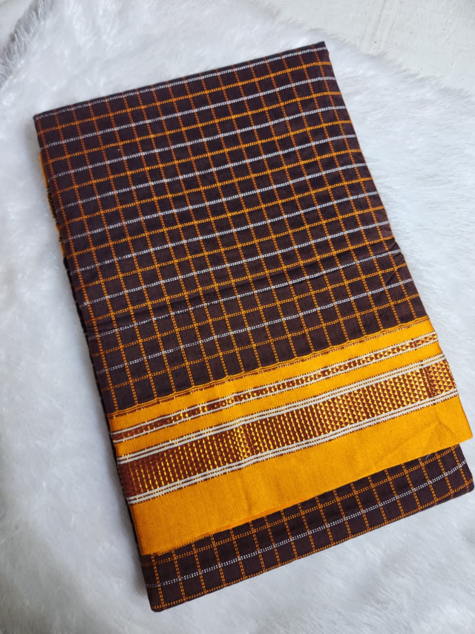 Deep Chocolate Brown Double Checks Ilkal Cotton Saree with Mustard Zari Border