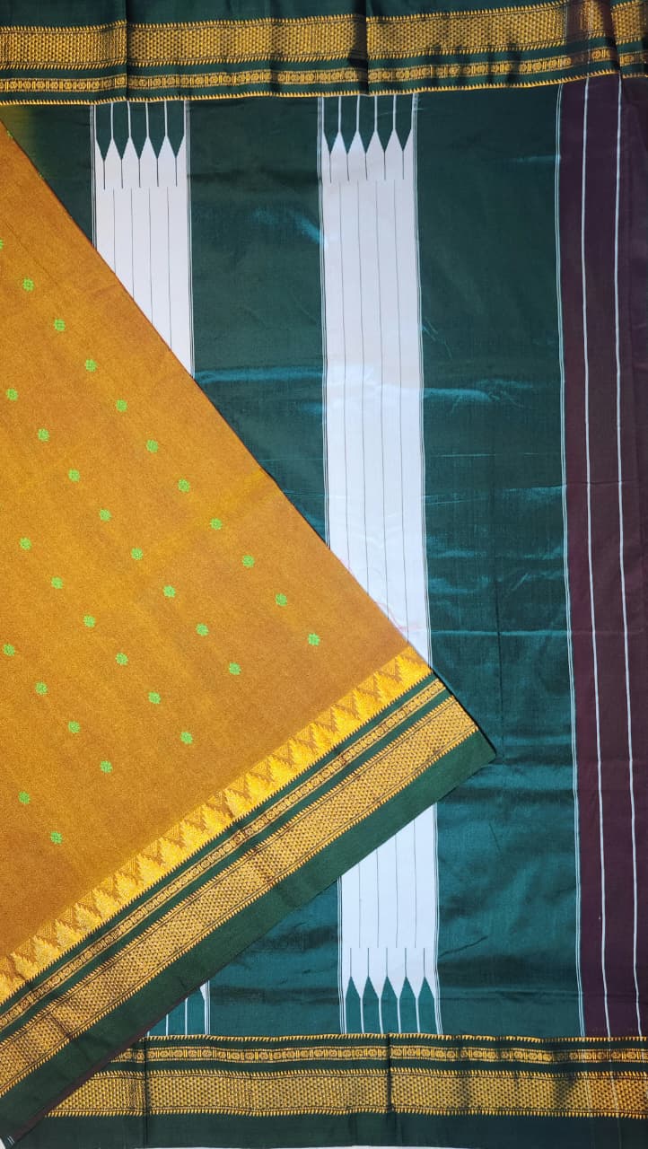 Earthy Brown Ilkal Tana Anjali Butta Cotton Saree with Temple Zari Border