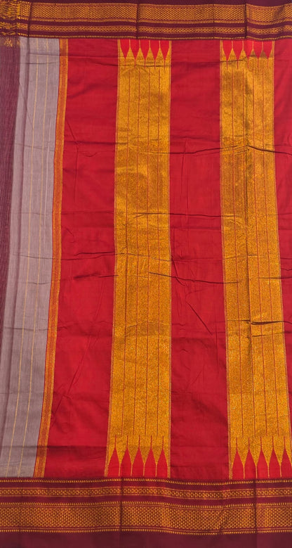 maroon and White Ilkal mini Checks Saree with Rich Pallu