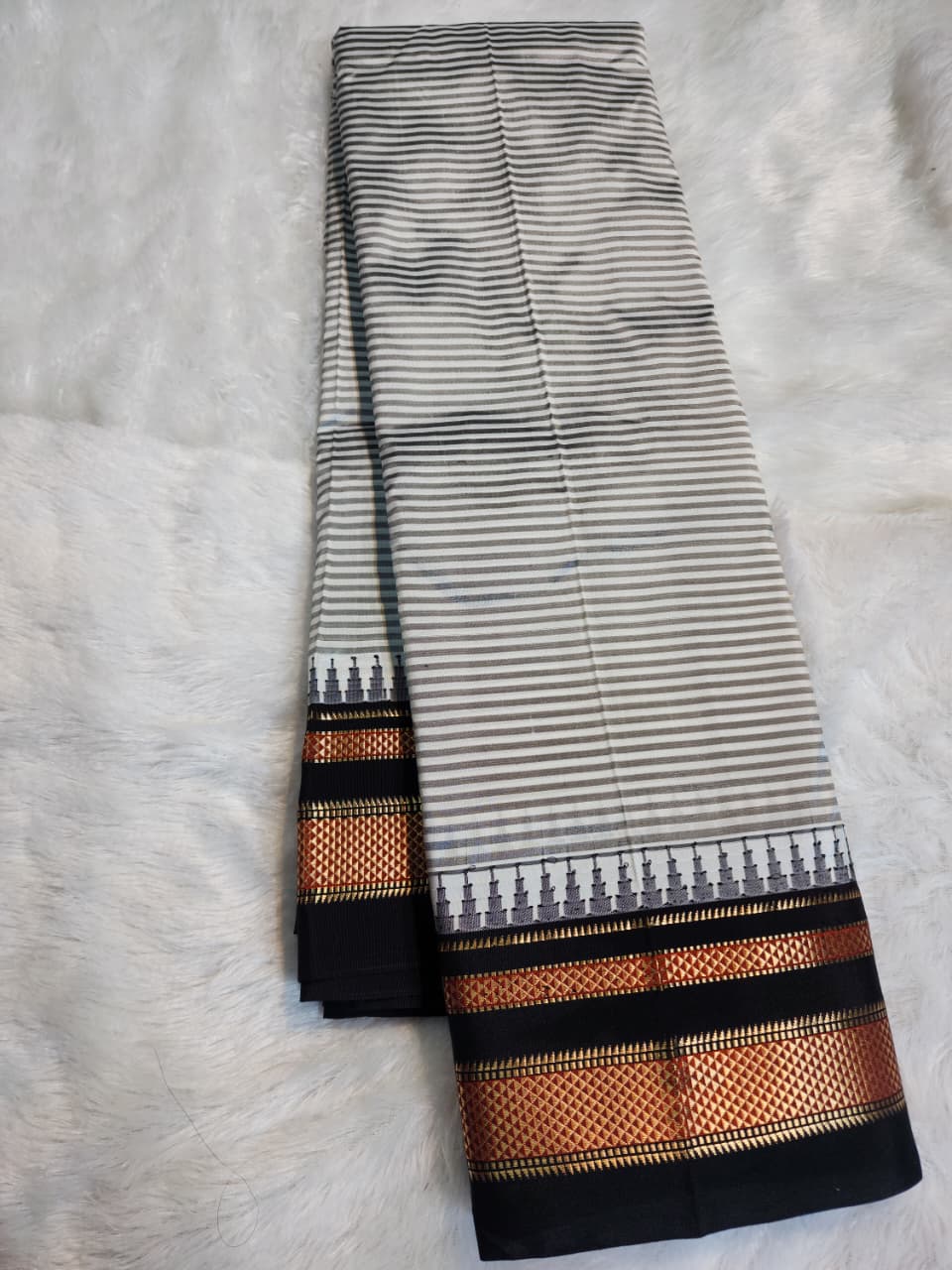 Ivory-Beige Gadwal Pure Ilkal Silk Saree with Rapid Stripes