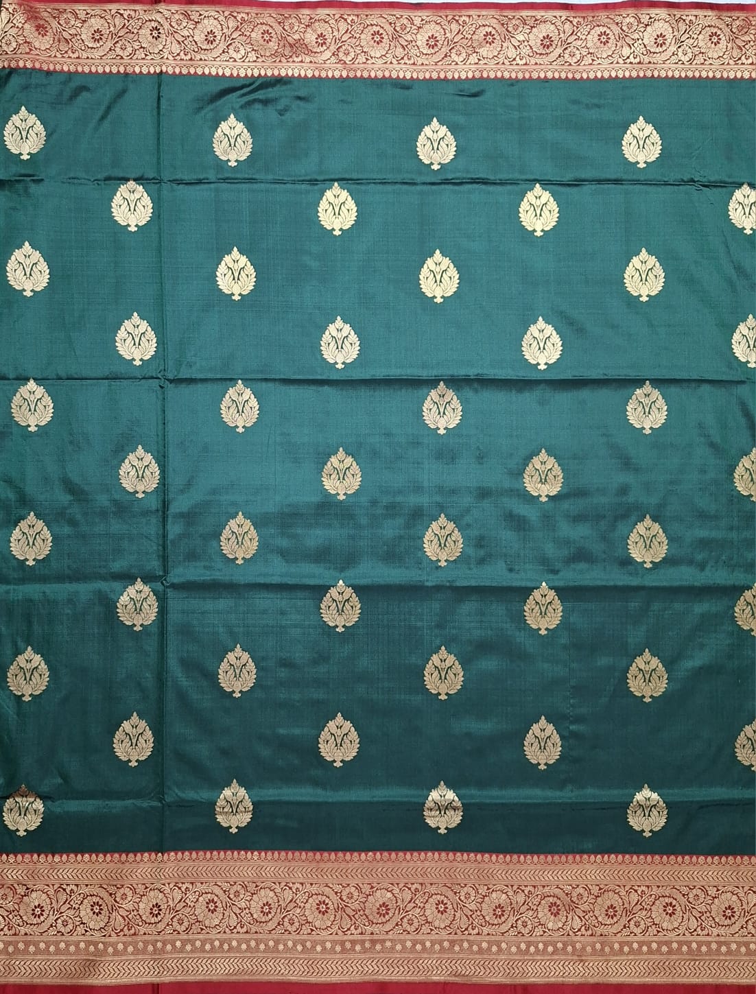 Bottle Green Banarasi Silk Saree with Golden Leaf Motifs