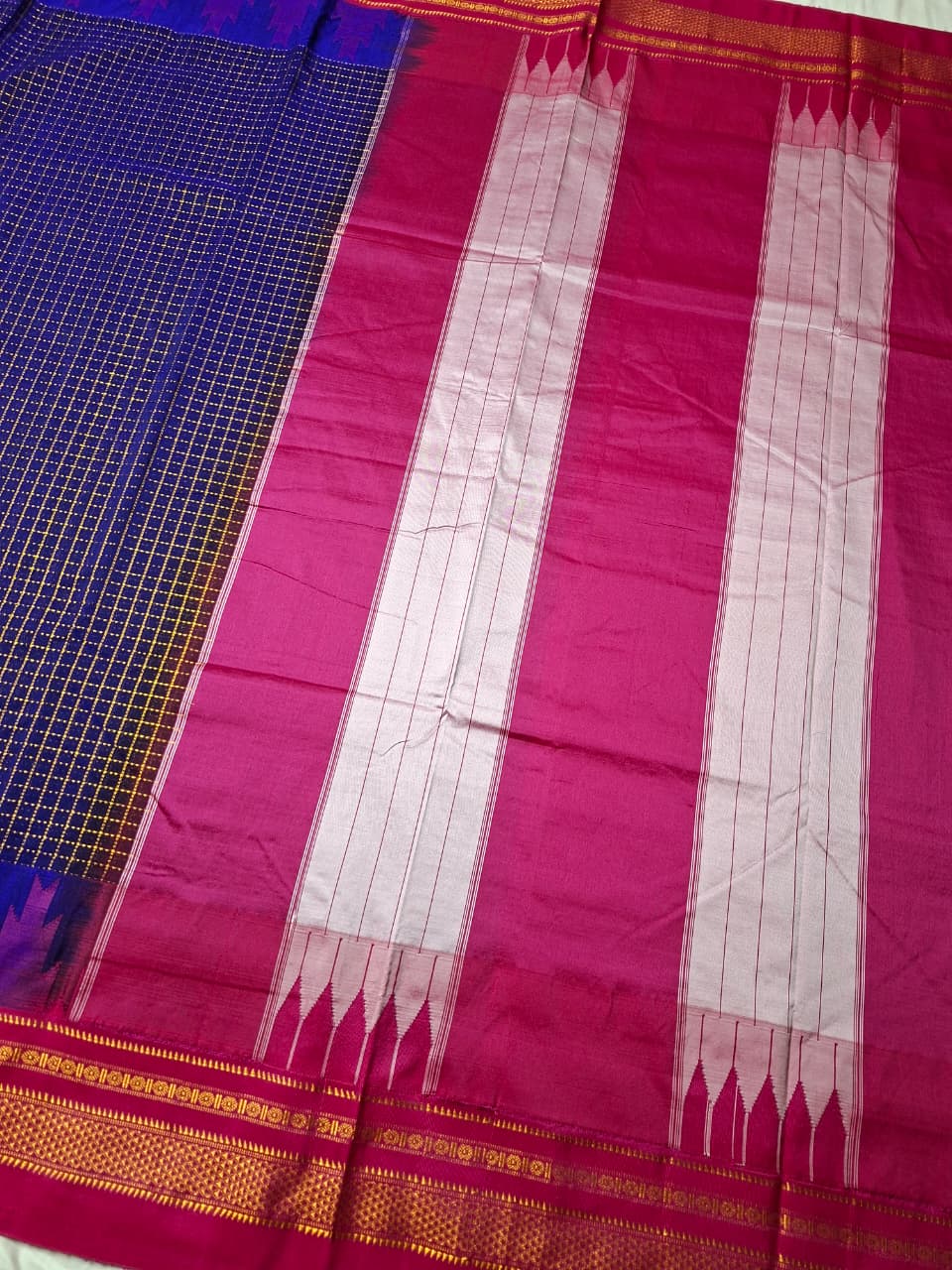 Royal Blue Gadwal Chaduranga Ilkal Cotton Saree with Contrast Zari Border & Pallu