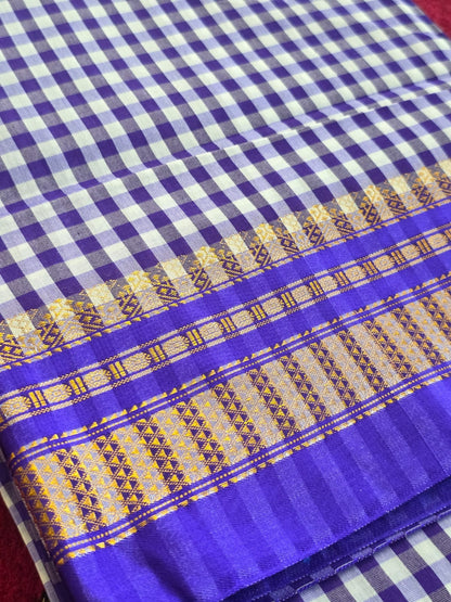 Classic navy blue & White Ilkal Mini Checks Saree