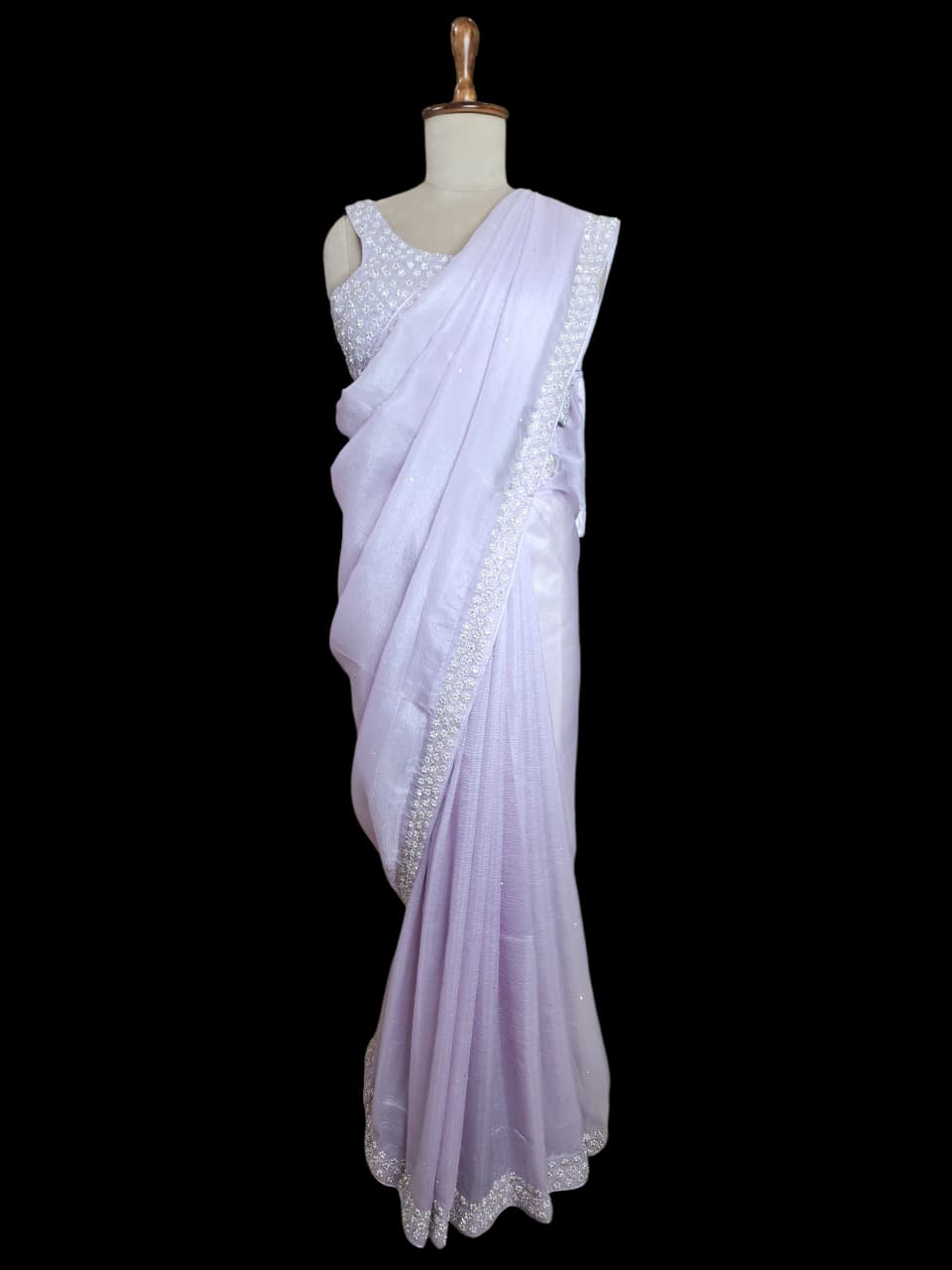 Lavender Saree with Pearl-Embroidered Designer Blouse