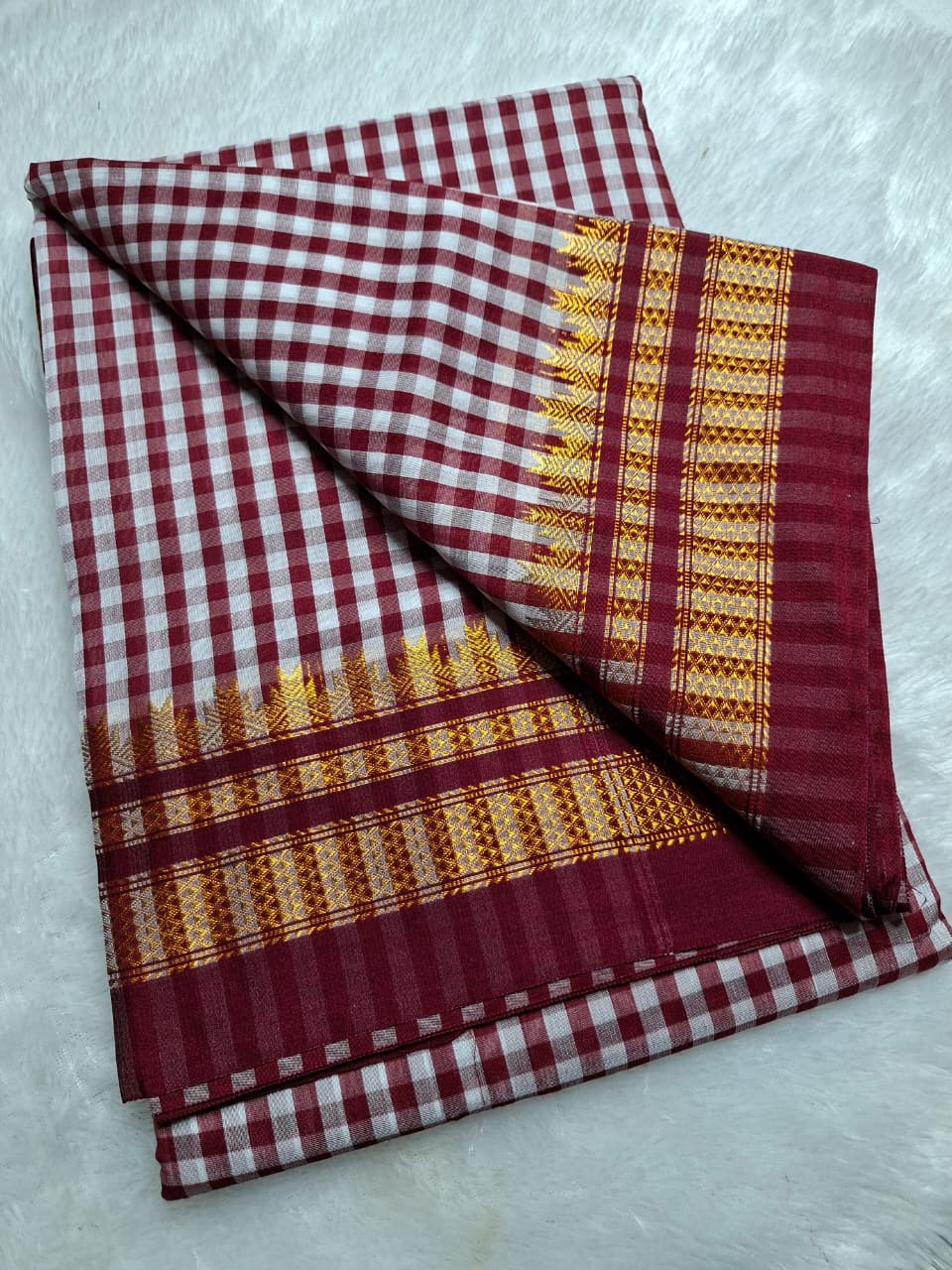 Maroon & White Ilkal Mini Checks Saree