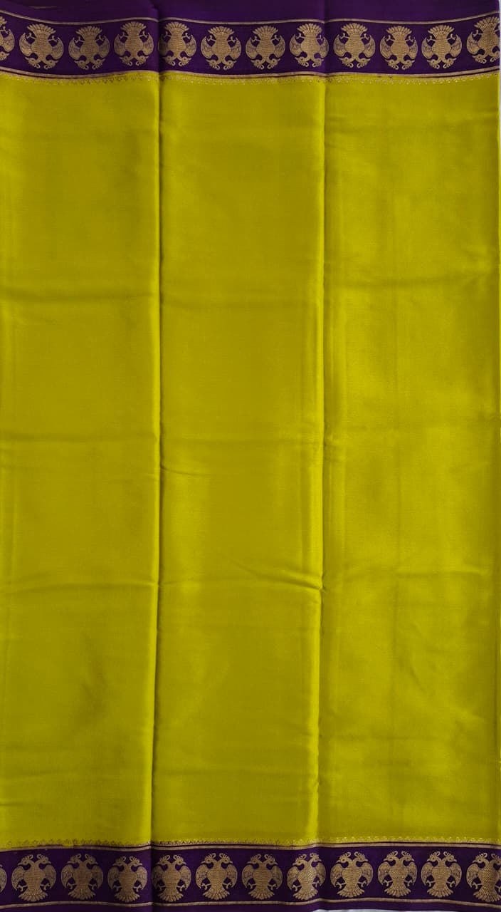 Lemon Yellow Mysore Crepe Silk with purple border-gandberunda motifs