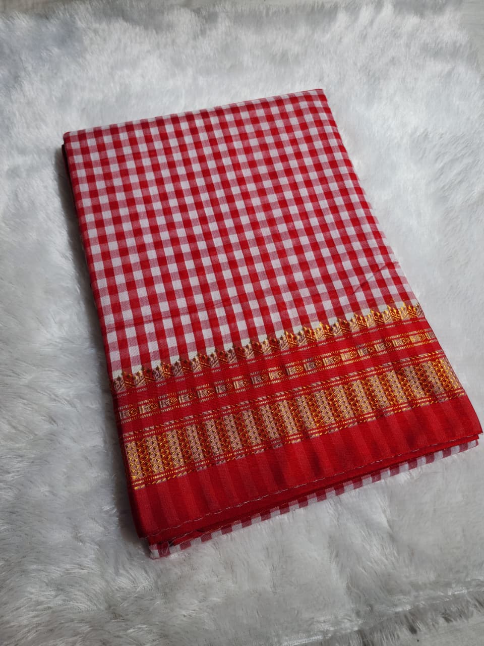 Red & White Ilkal mini Checks Saree with Zari Border