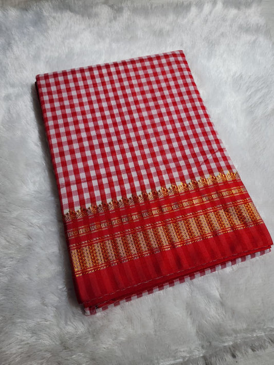 Red & White Ilkal mini Checks Saree with Zari Border
