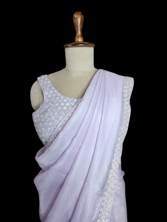 Lavender Saree with Pearl-Embroidered Designer Blouse