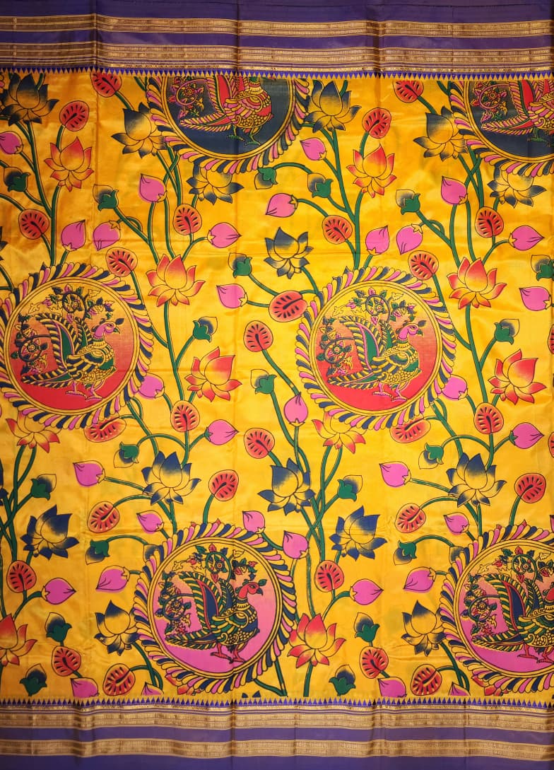 Yellow  Ilkal–Kalamkari Lotus print Fusion Saree