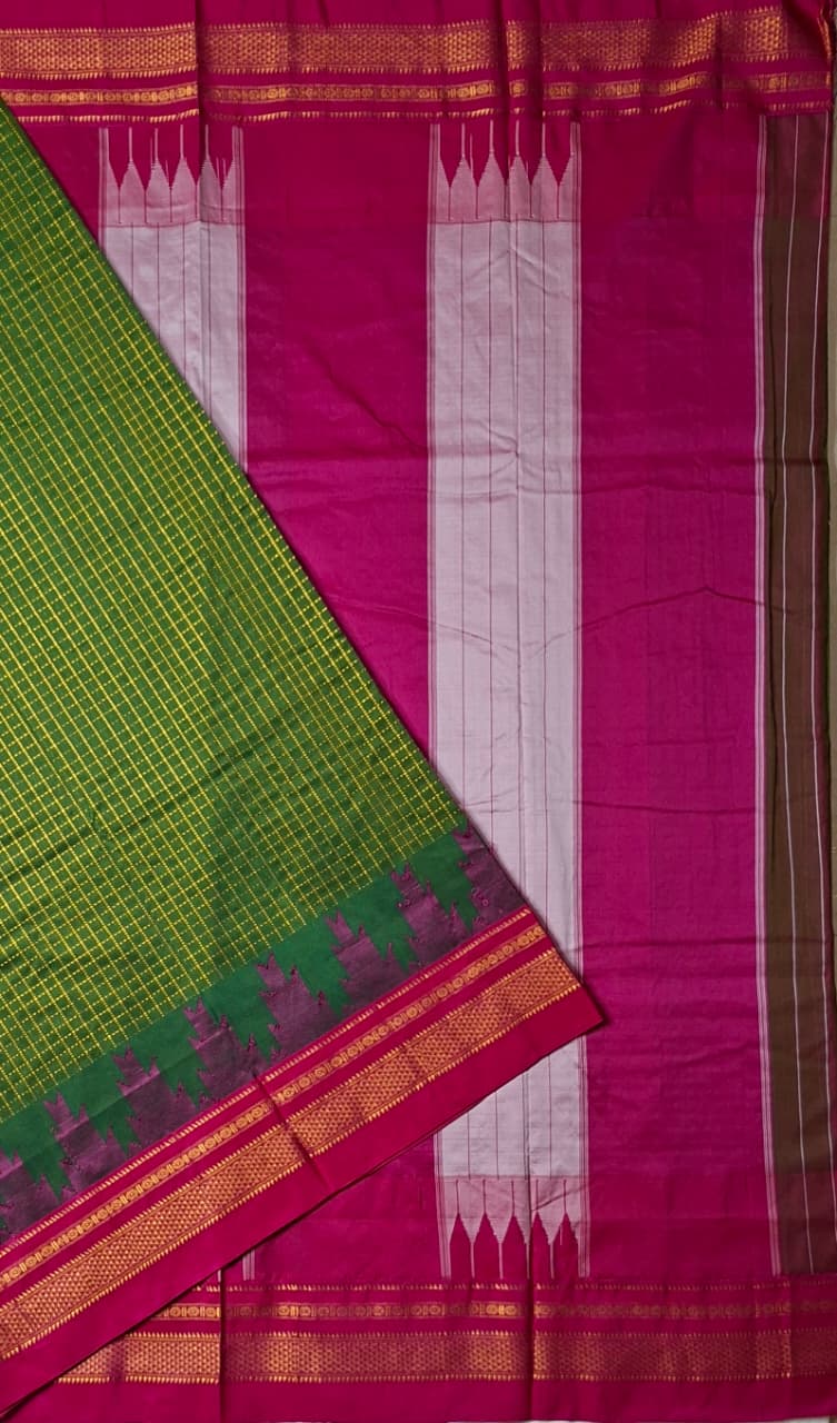 Bottle Green Gadwal Chaduranga Ilkal Cotton Saree with Contrast Zari Border & Pallu