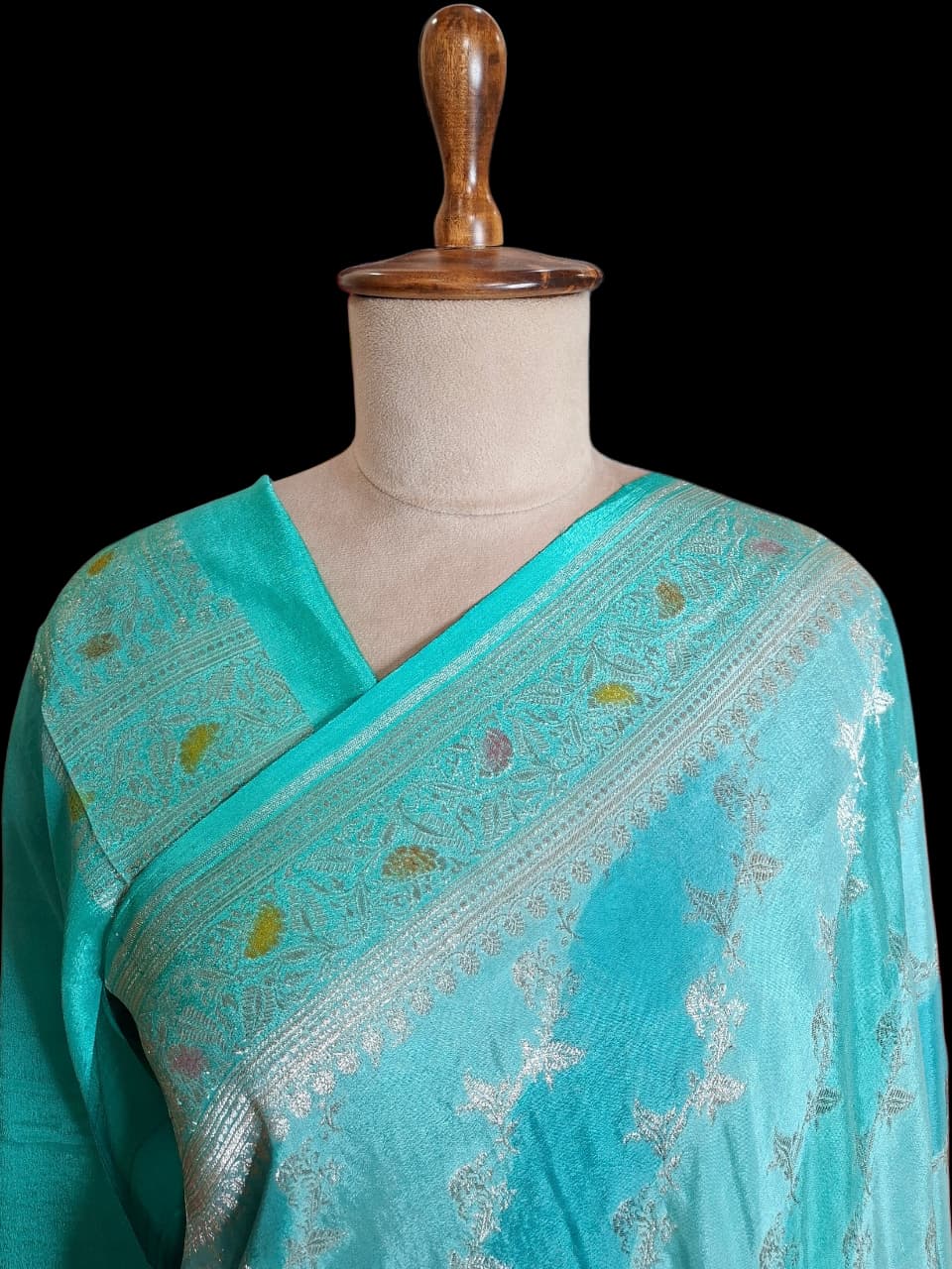 Blue Shaded Banarasi Silk Saree with Silver Floral Vine Zari Weaves