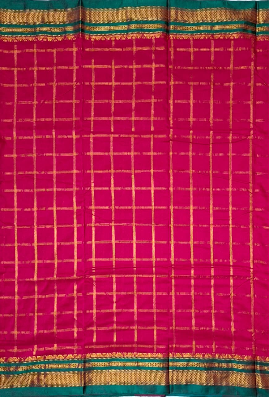Rani Pink with Bottle Green  Big Jari Checks Ilkal Saree