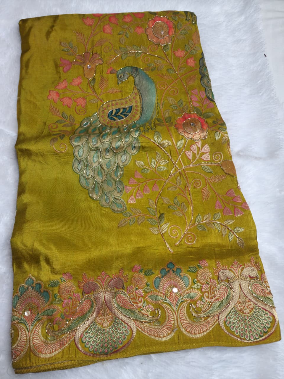 Elegant Zardosi Embroidered Silk Saree in mustard gold base