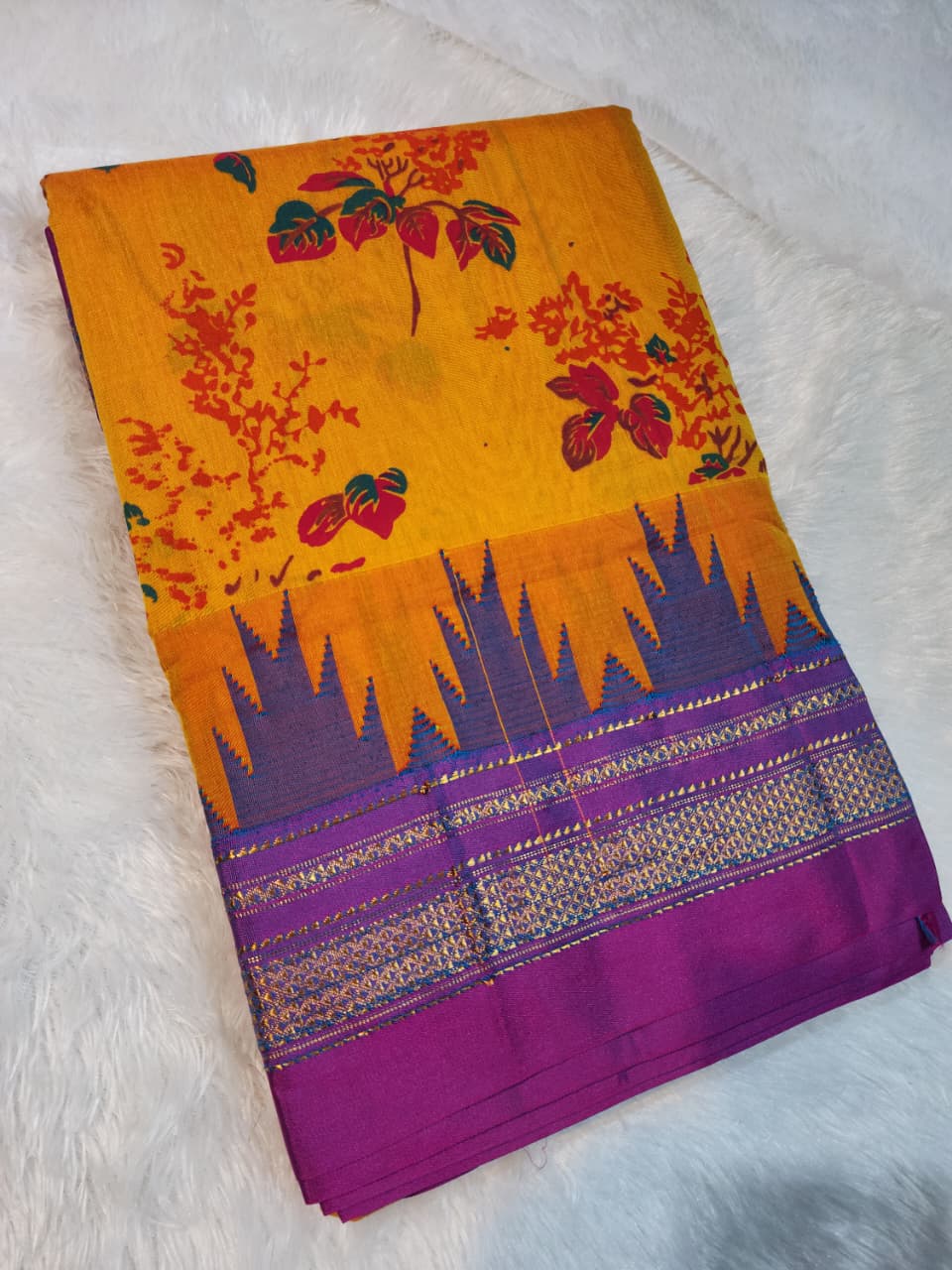 Orange Kalamkari Cotton Saree with Purple Zari Border