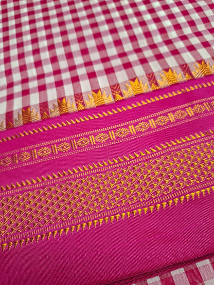Pink & White Ilkal Mercerized Cotton Saree with Gadwal-Style Border