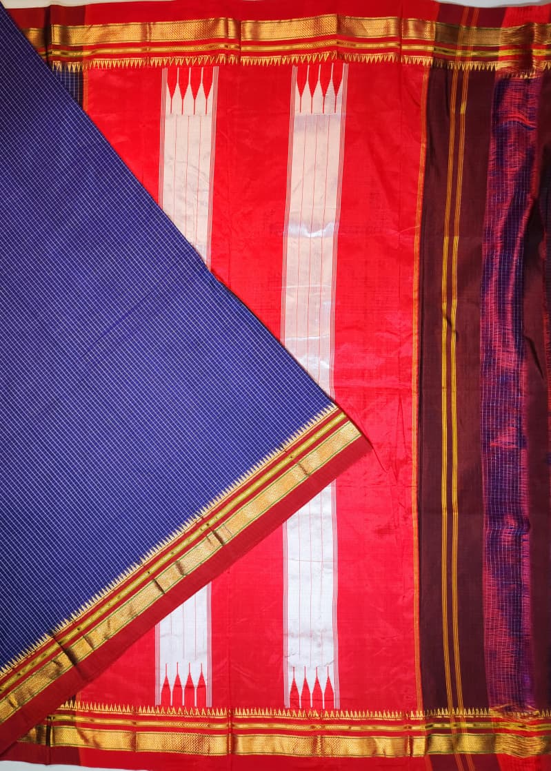 Royal Blue Ilkal Checks Cotton Saree with Thode Paras Border & Silk Pallu