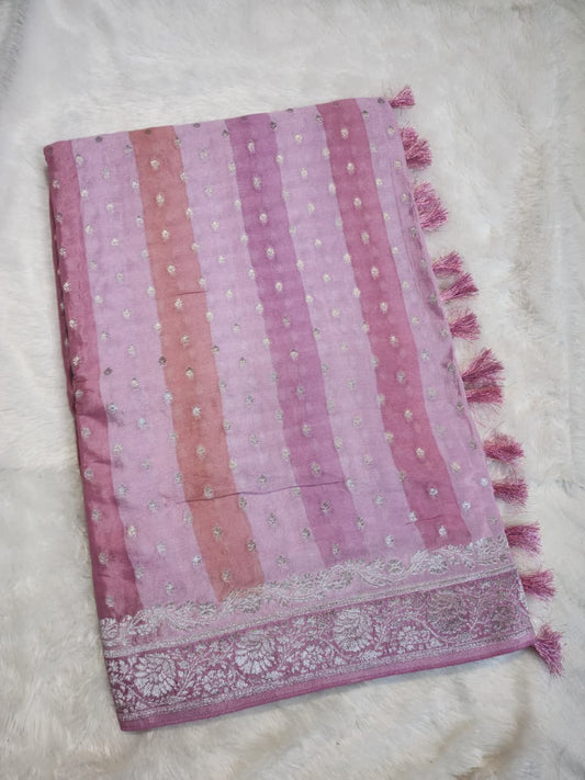 Blush Pink Banarasi Silk Saree with Silver Zari Buttas & Floral Border