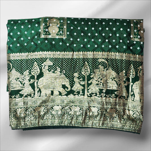 Royal Green Bandhani Saree with Procession Pallu
