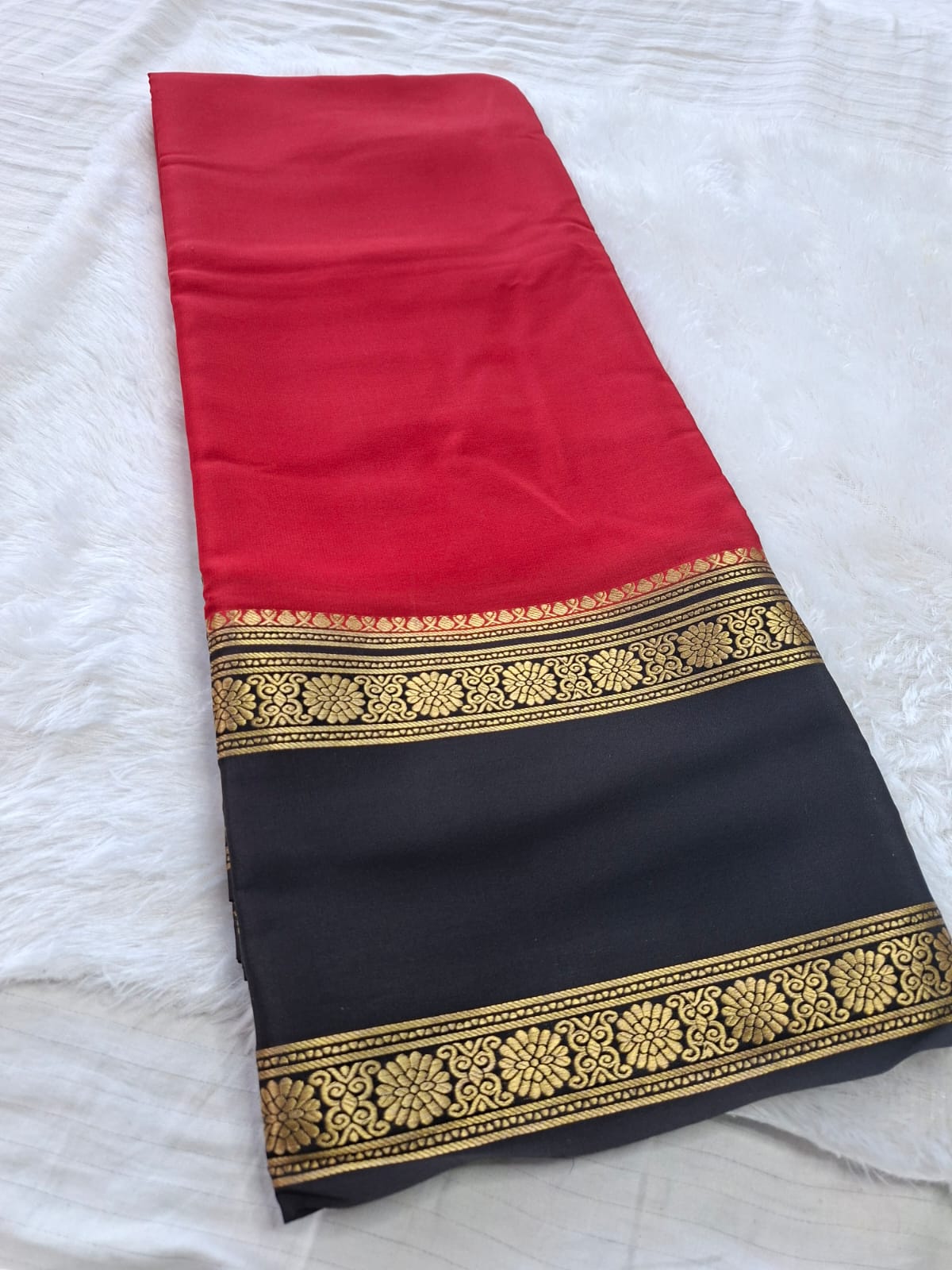 Red Black Mysore Crepe Silk with black bentex flower border