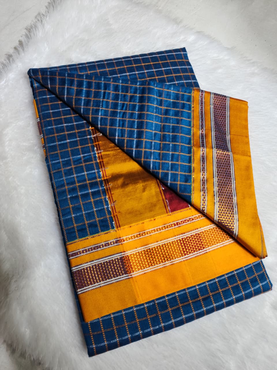 Deep Indigo Blue Double Checks Ilkal Cotton Saree with Mustard Zari Border