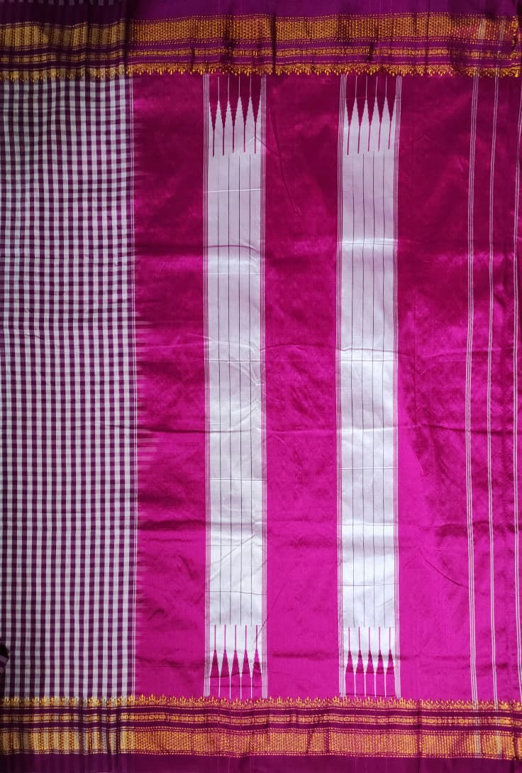 Purple & White mini Checks Ilkal Saree with Traditional Zari Border