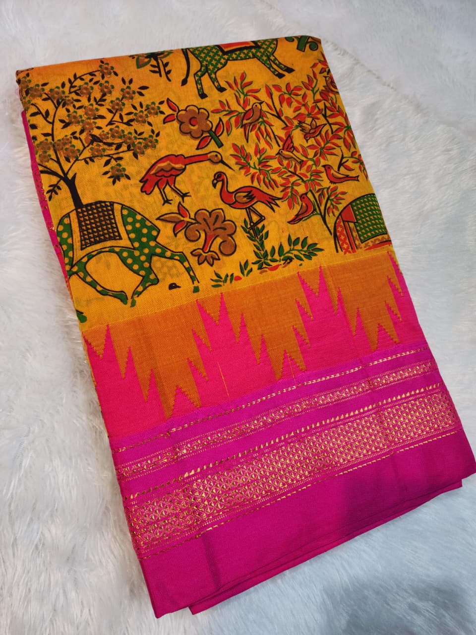 Mustard Kalamkari Cotton Saree with Pink Ilkal-Style Border
