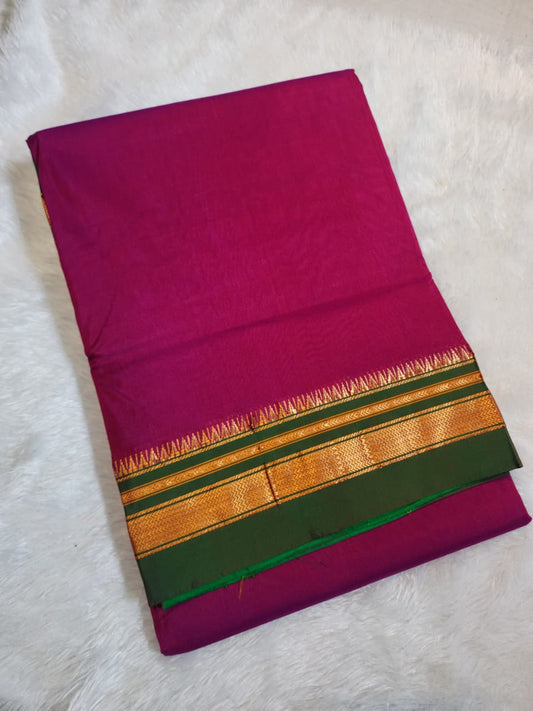 Magenta Ilkal Plain Cotton Saree with Thode Paras Border & Silk Pallu