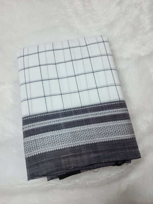 Ivory White Ilkal Cotton Handloom Checks Saree