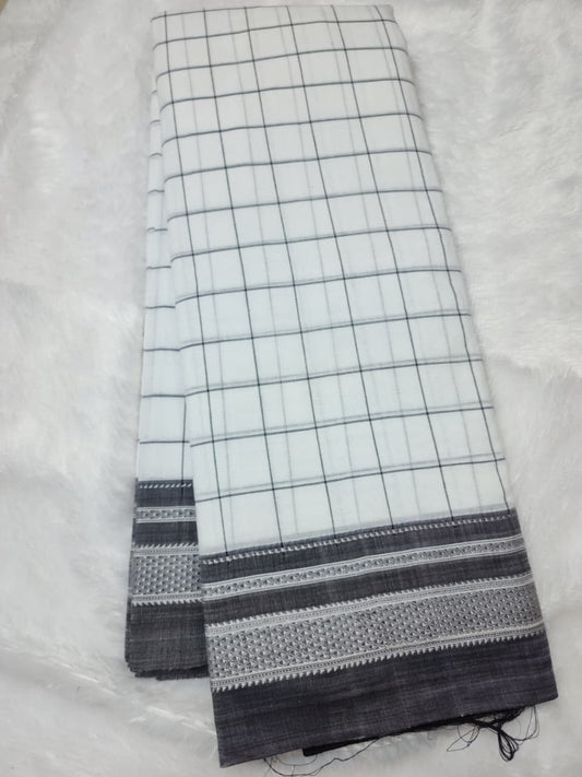 Ivory White Ilkal Cotton Handloom Checks Saree