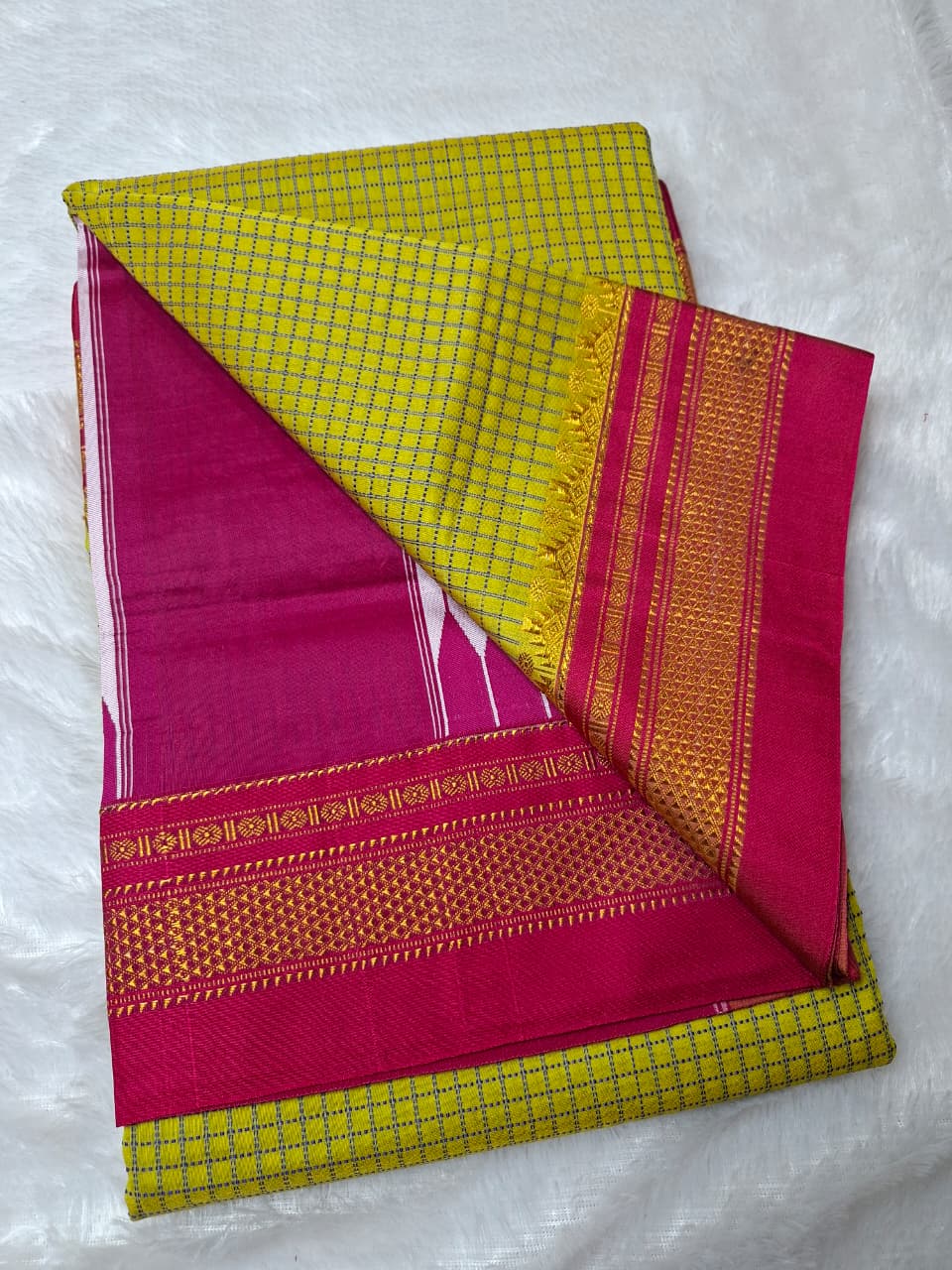 Mustard Yellow thread chaduranga Ilkal with Gadwal  Rani Pink Border