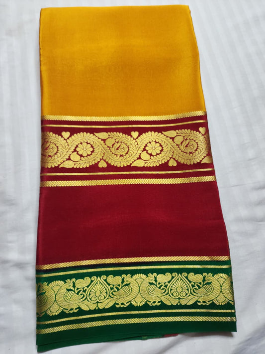 Mysore Silk Saree in Marigold Orange, Rich Red & Emerald Green with Floral Zari Border